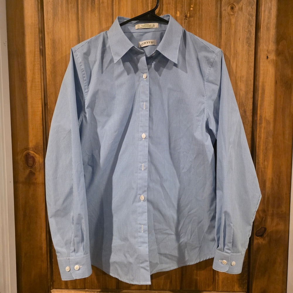 Orvis‎ Gingham Button Down Shirt Womens 10 Blue Excellent Long Sleeve Carefree